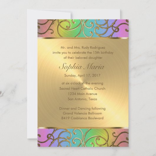 Quinceanera Rainbow en Gold Filigree Swirls Kaart (Voorkant)