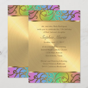 Quinceanera Rainbow en Gold Filigree Swirls Kaart