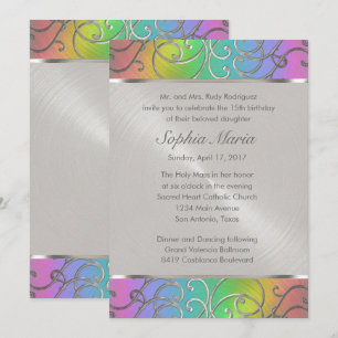 Quinceanera Rainbow en Silver Filigree Swirls Kaart