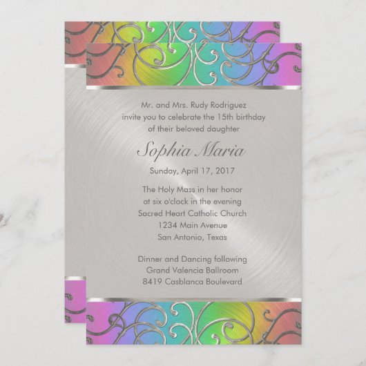 Quinceanera Rainbow en Silver Filigree Swirls Kaart (Voorkant / Achterkant)