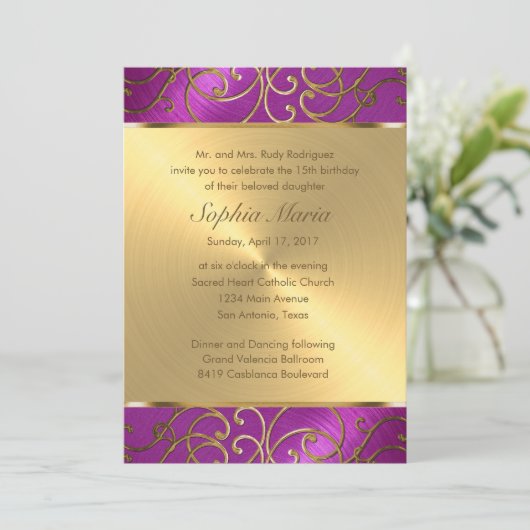 Quinceanera Raspberry Pink Gold Filigree Swirls Kaart (Staand voorkant)