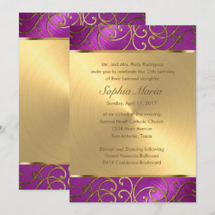 Quinceanera Raspberry Pink Gold Filigree Swirls Kaart