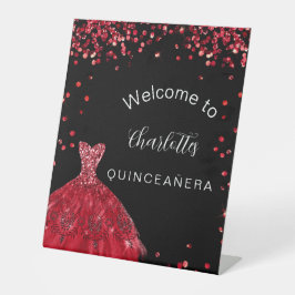 Quinceanera red black glitter-jurk reclamebord met voetstuk