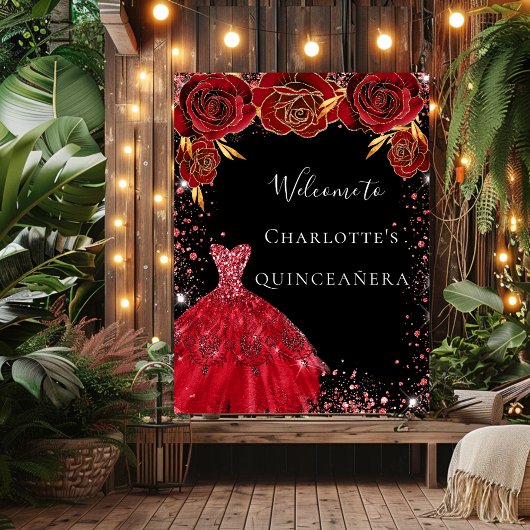 Quinceanera red black-jurk florals welkom poster