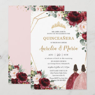 Quinceañera Red Blush roze Rose Gold Floral Twins Kaart