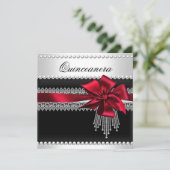 Quinceanera Red Bow Black Pearl Lace Diamond Kaart (Staand voorkant)