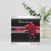 Quinceanera Red Bow Black Pearl Lace Diamond Kaart (Staand voorkant)
