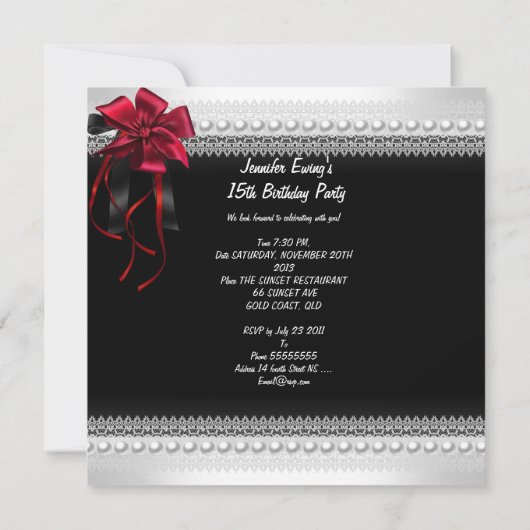 Quinceanera Red Bow Black Pearl Lace Diamond Kaart (Achterkant)