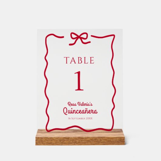 Quinceañera Red Bow Table Numbers gepersonaliseerd Acryl Bord (Voorkant)