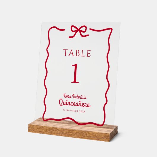 Quinceañera Red Bow Table Numbers gepersonaliseerd Acryl Bord (Hoek)
