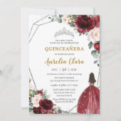 Quinceañera Red Burgundy Blush Floral Silver Tiara Kaart (Voorkant)
