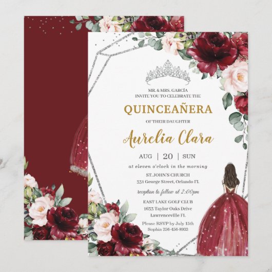 Quinceañera Red Burgundy Blush Floral Silver Tiara Kaart (Voorkant / Achterkant)