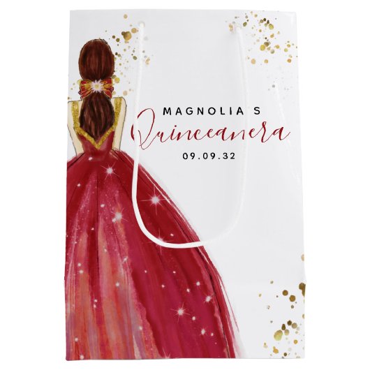 Quinceanera Red Dress Gold Glitter Medium Cadeauzakje (Achterkant)