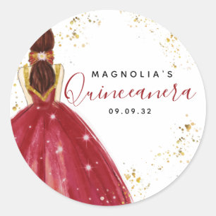 Quinceanera Red Dress Gold Glitter Ronde Sticker