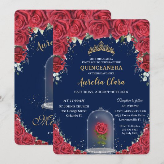 Quinceañera Red Floral Enchanted Roos Navy Blue Kaart (Voorkant / Achterkant)