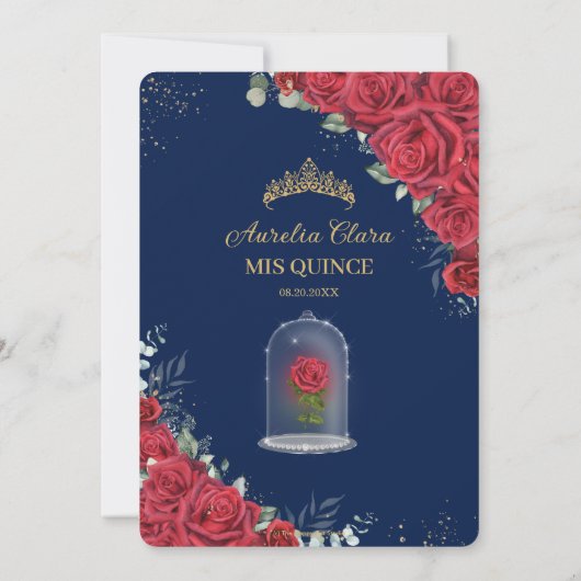 Quinceañera Red Floral Enchanted Roos Navy Blue Save The Date (Achterkant)