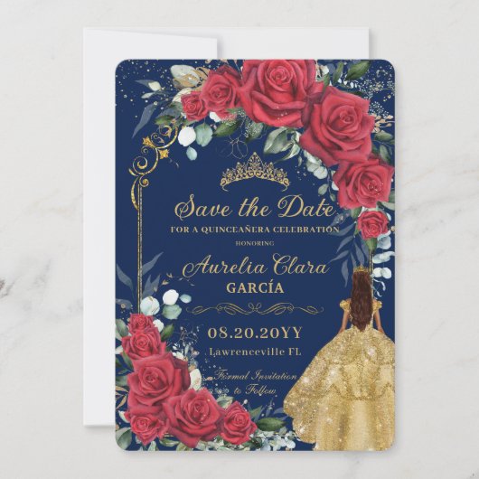Quinceañera Red Floral Enchanted Roos Navy Blue Save The Date (Voorkant)