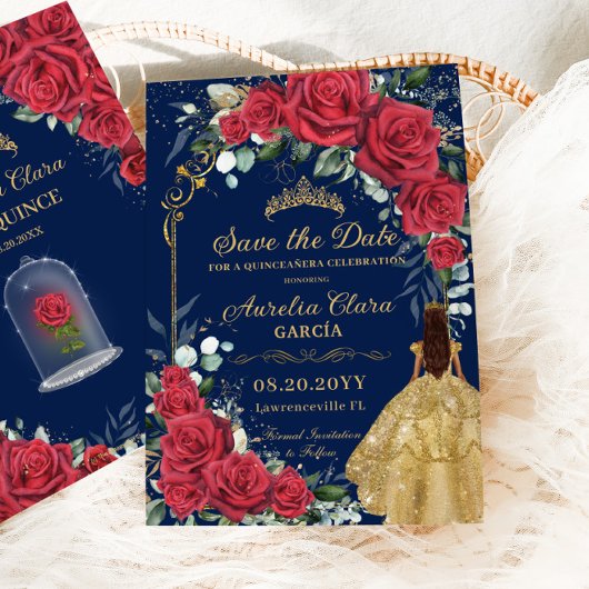 Quinceañera Red Floral Enchanted Roos Navy Blue Save The Date