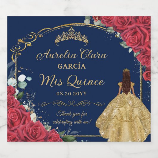 Quinceañera Red Floral Enchanted Roos Navy Blue Sparkling Wijnetiket (Enkel label)