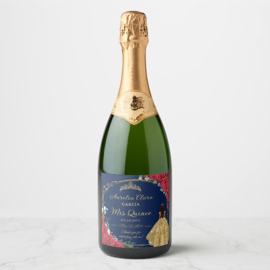 Quinceañera Red Floral Enchanted Roos Navy Blue Sparkling Wijnetiket (Voorkant)