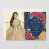 Quinceañera Red Floral Enchanted Roos Navy Foto Save The Date (Voorkant)