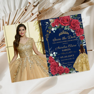 Quinceañera Red Floral Enchanted Roos Navy Foto Save The Date