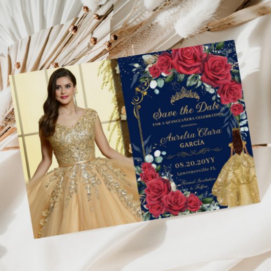 Quinceañera Red Floral Enchanted Roos Navy Foto Save The Date