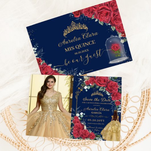 Quinceañera Red Floral Enchanted Roos Navy Foto Save The Date