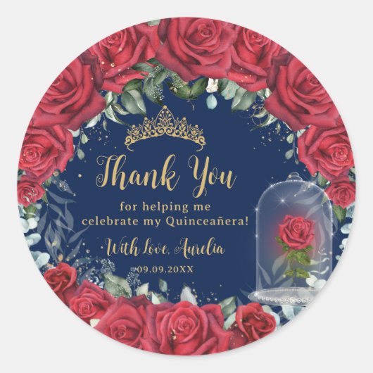 Quinceañera Red Floral Enchanted Roos Navy Ronde Sticker (Voorkant)
