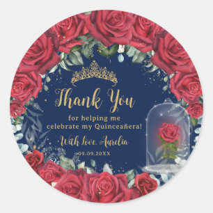 Quinceañera Red Floral Enchanted Roos Navy Ronde Sticker