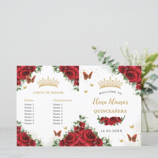 Quinceañera Red Floral Gold Vlinders Programma (Staand voorkant)