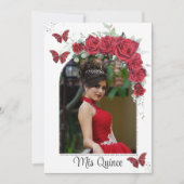 Quinceañera Red Floral Rozen Butterflies Kaart (Voorkant)