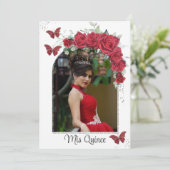 Quinceañera Red Floral Rozen Butterflies Kaart (Staand voorkant)