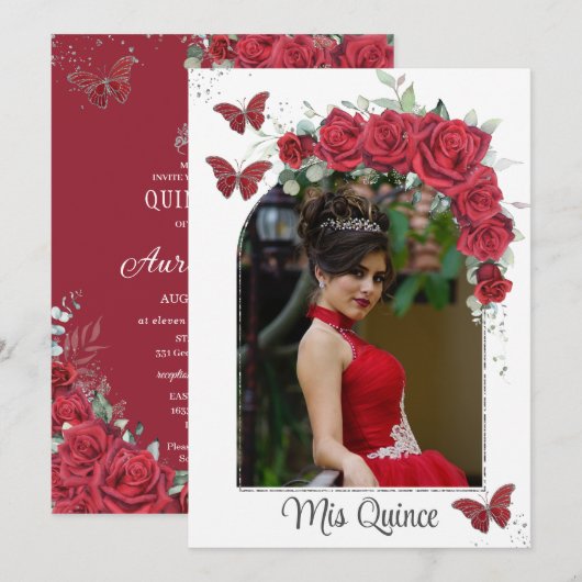 Quinceañera Red Floral Rozen Butterflies Kaart (Voorkant / Achterkant)