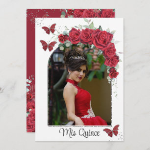 Quinceañera Red Floral Rozen Butterflies Kaart