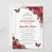 Quinceañera Red Flowers Floral Silver Butterfly Kaart (Voorkant)