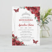 Quinceañera Red Flowers Floral Silver Butterfly Kaart (Staand voorkant)