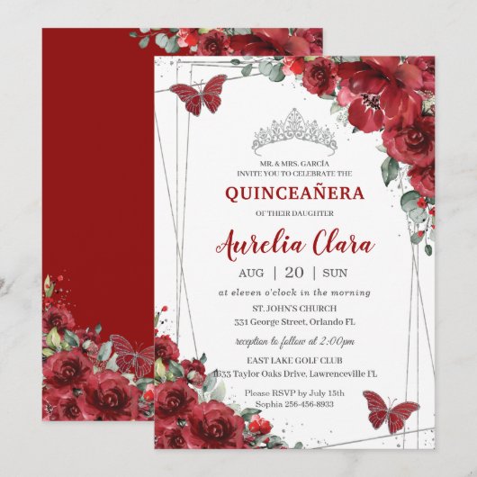 Quinceañera Red Flowers Floral Silver Butterfly Kaart (Voorkant / Achterkant)