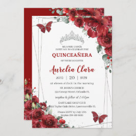 Quinceañera Red Flowers Floral Silver Butterfly Kaart
