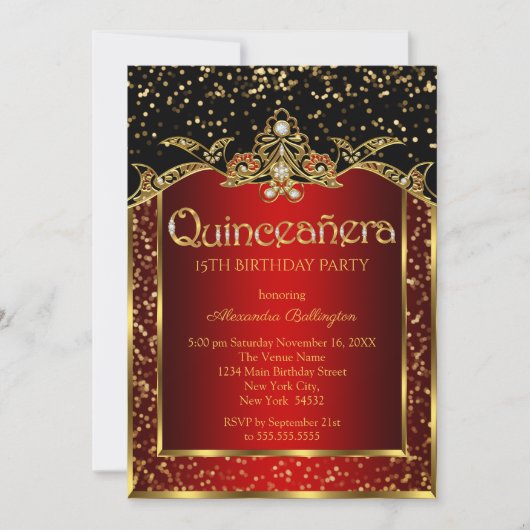 Quinceanera Red Gold Black Birthday Party Kaart (Voorkant)