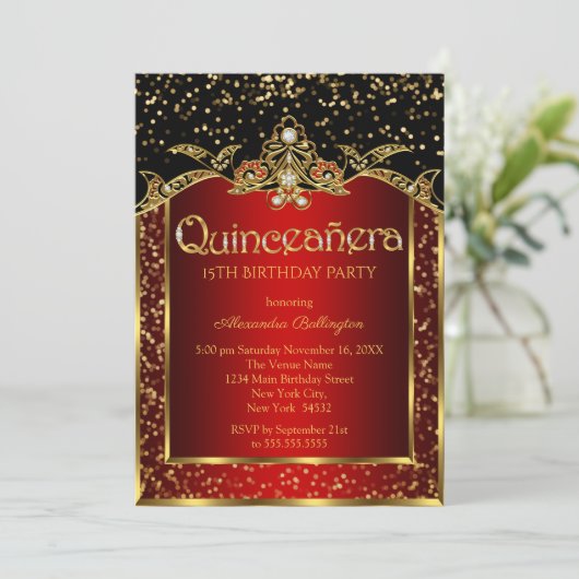 Quinceanera Red Gold Black Birthday Party Kaart (Staand voorkant)