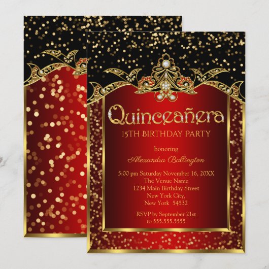 Quinceanera Red Gold Black Birthday Party Kaart (Voorkant / Achterkant)