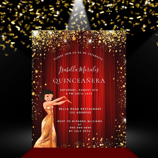 Quinceanera red gold budget uitnodiging flyer