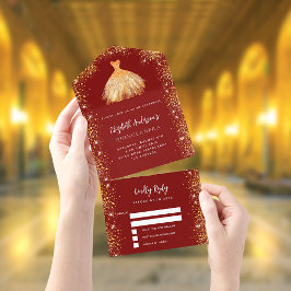 Quinceanera red gold dress glitter RSVP All In One Uitnodiging