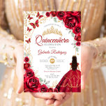 Quinceanera Red Gold Floral Kaart<br><div class="desc">Red,  gold and white Quinceanera celebration invitation. Features brunette girl in ball gown dress,  script font,  gold butterflies,  watercolor roses and tiara. Perfect for an elegant princess style glam celebration. Personalize with your own details. Printed Zazzle invitations or instant download digital printable template.</div>