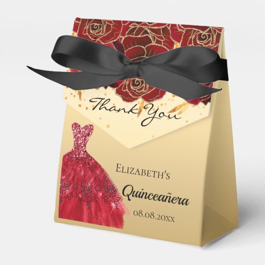Quinceanera red gold florals jurk bedankt bedankdoosjes (Voorkant Zijde)