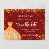 Quinceanera red gold jurk glitter save the date aankondigingskaart (Voorkant)
