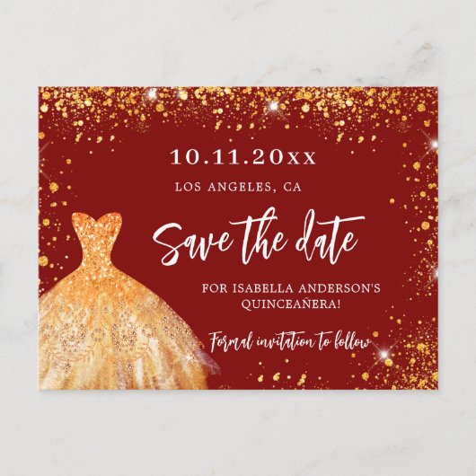 Quinceanera red gold jurk glitter save the date aankondigingskaart (Voorkant)