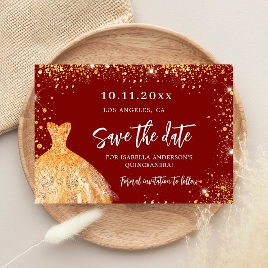 Quinceanera red gold jurk glitter save the date aankondigingskaart