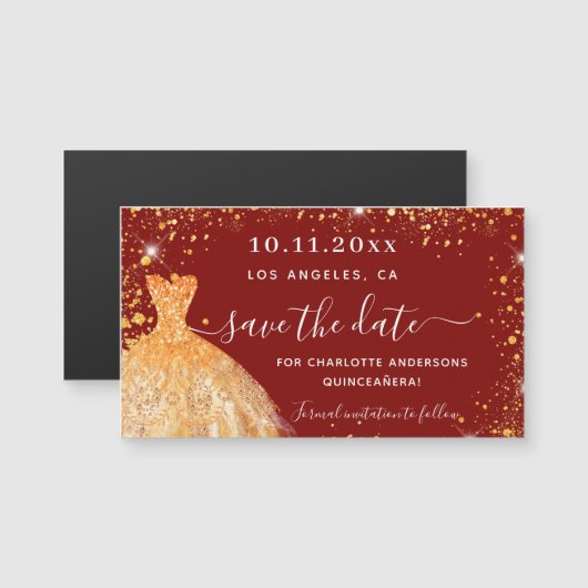 Quinceanera red gold jurk save the date magnet (Voorkant / Achterkant)